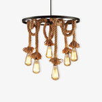 Hemp Rope Industrial Chandelier – Six-Light Pendant for Modern Rustic Interiors