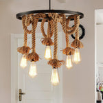 Hemp Rope Industrial Chandelier – Six-Light Pendant for Modern Rustic Interiors