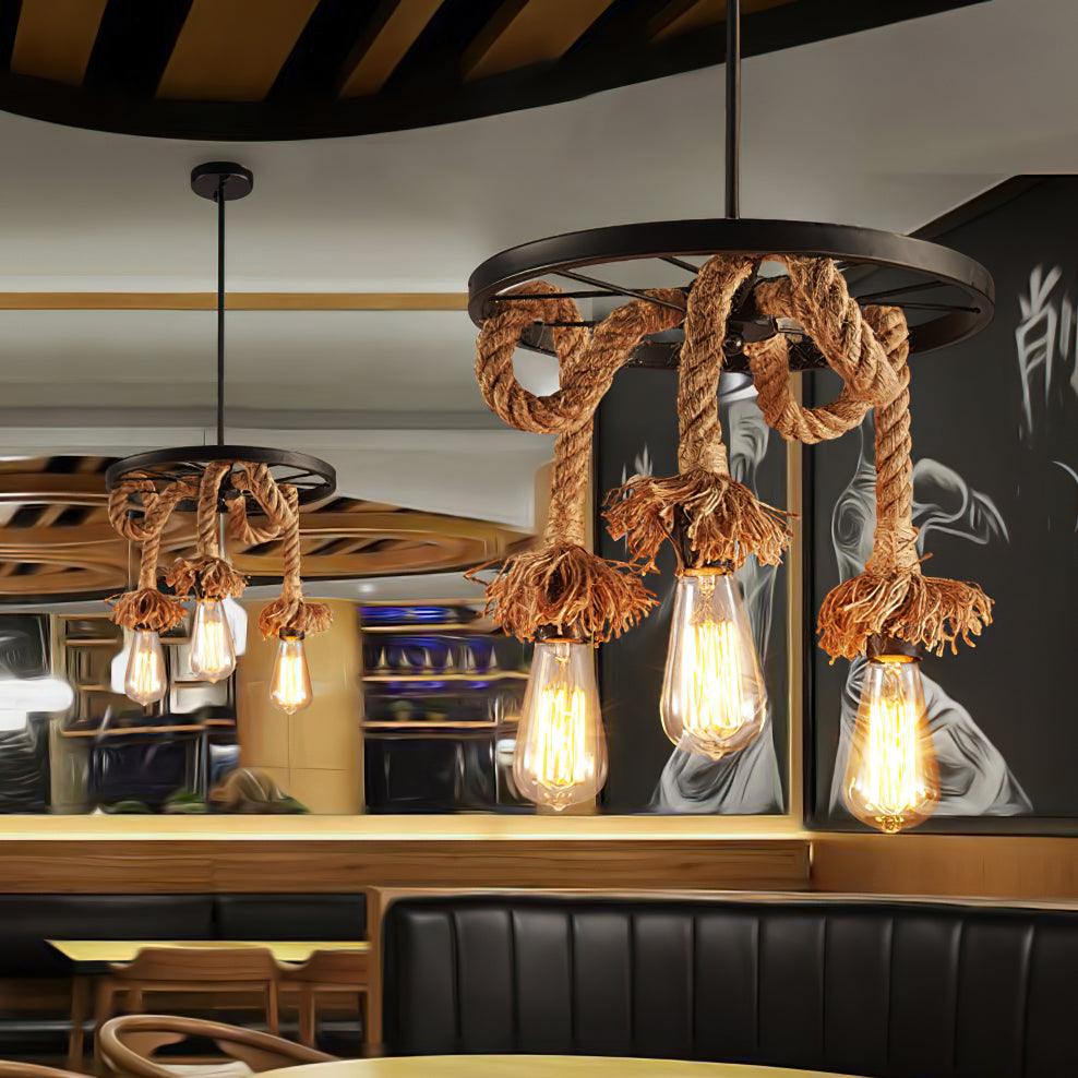 Hemp Rope Industrial Chandelier – Six-Light Pendant for Modern Rustic Interiors