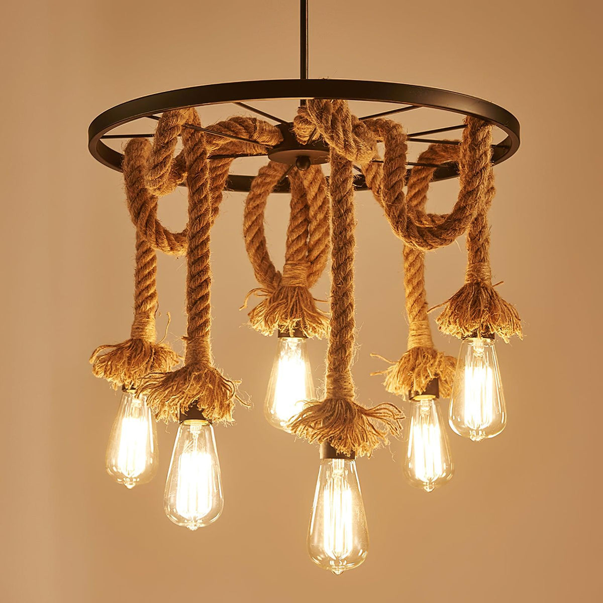 Hemp Rope Industrial Chandelier – Six-Light Pendant for Modern Rustic Interiors