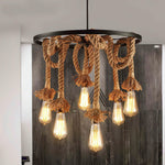 Hemp Rope Industrial Chandelier – Six-Light Pendant for Modern Rustic Interiors