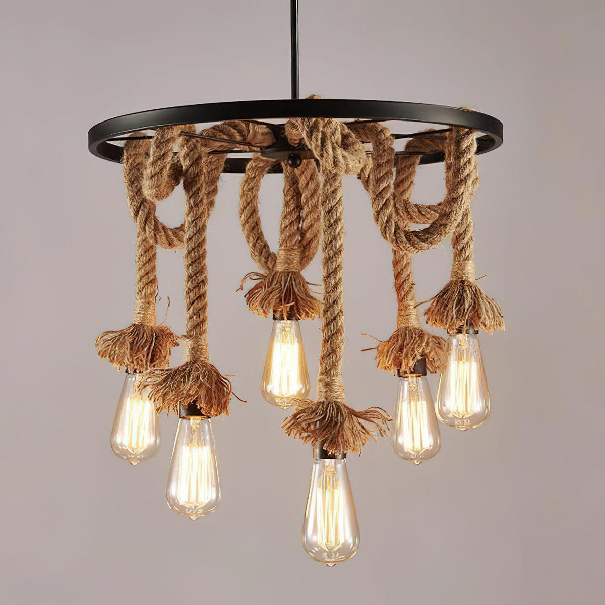 Hemp Rope Industrial Chandelier – Six-Light Pendant for Modern Rustic Interiors