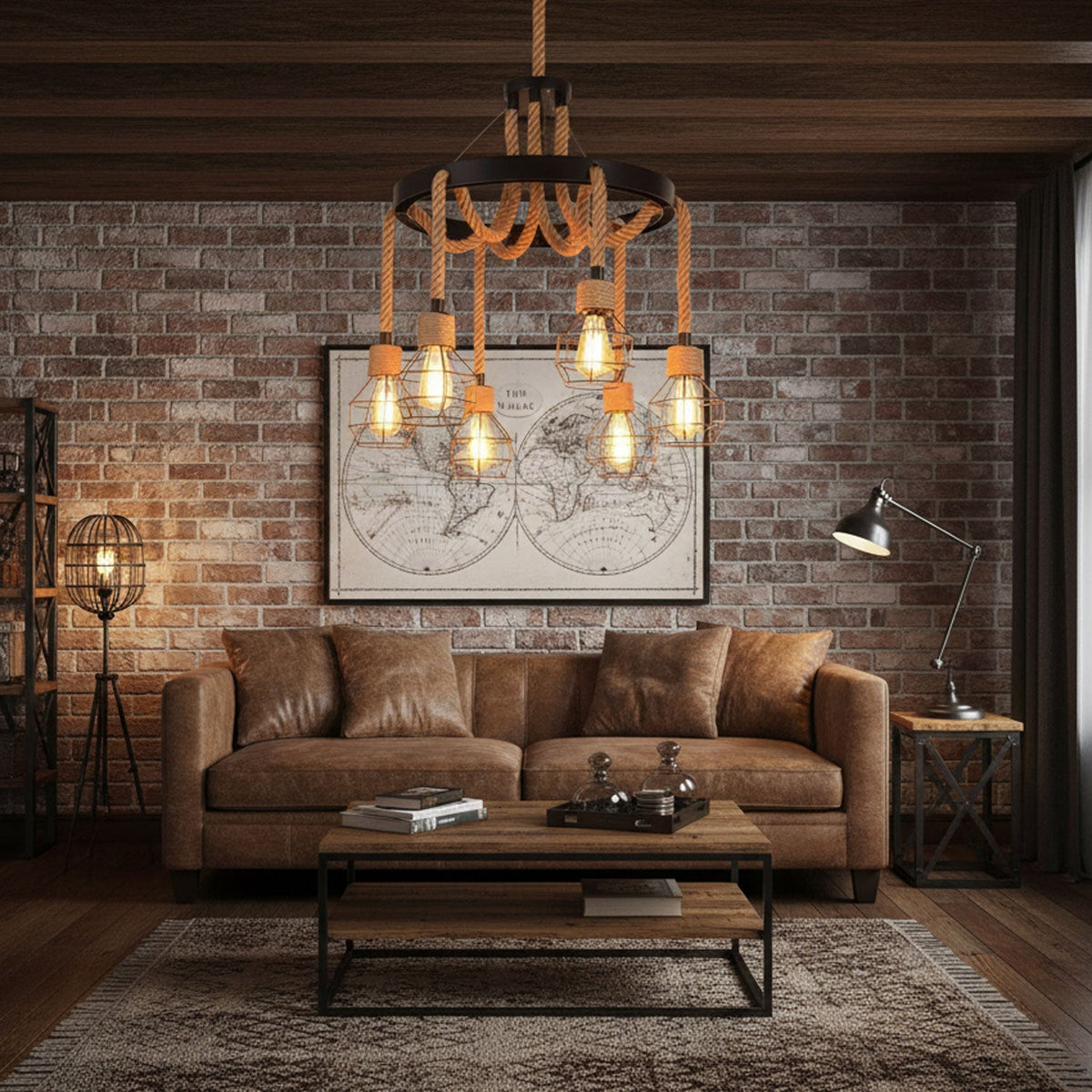 Industrial Starfall Chandelier with Hemp Rope Accents