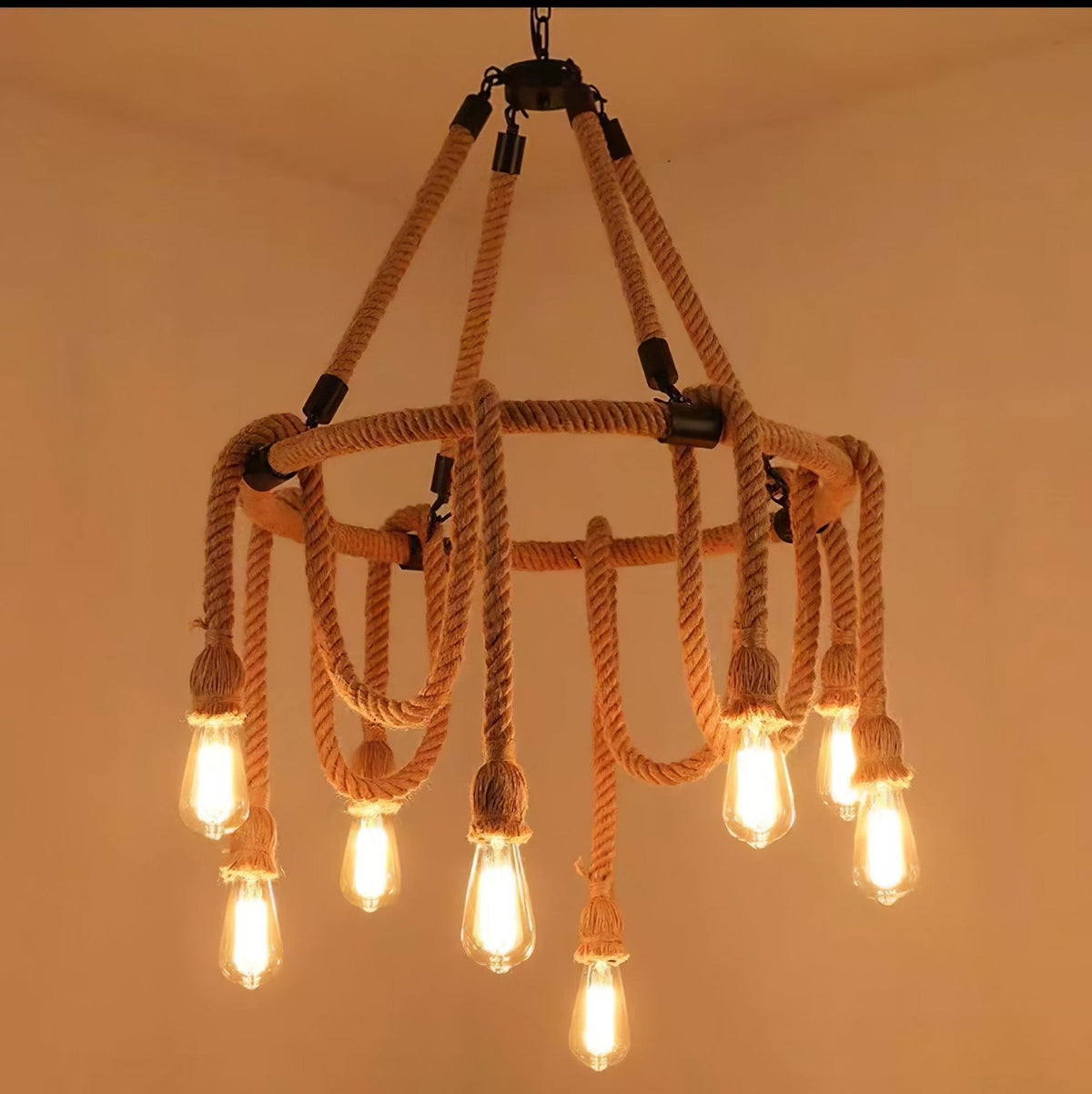 Hemp Rope Industrial Chandelier – Six-Light Pendant for Modern Rustic Interiors