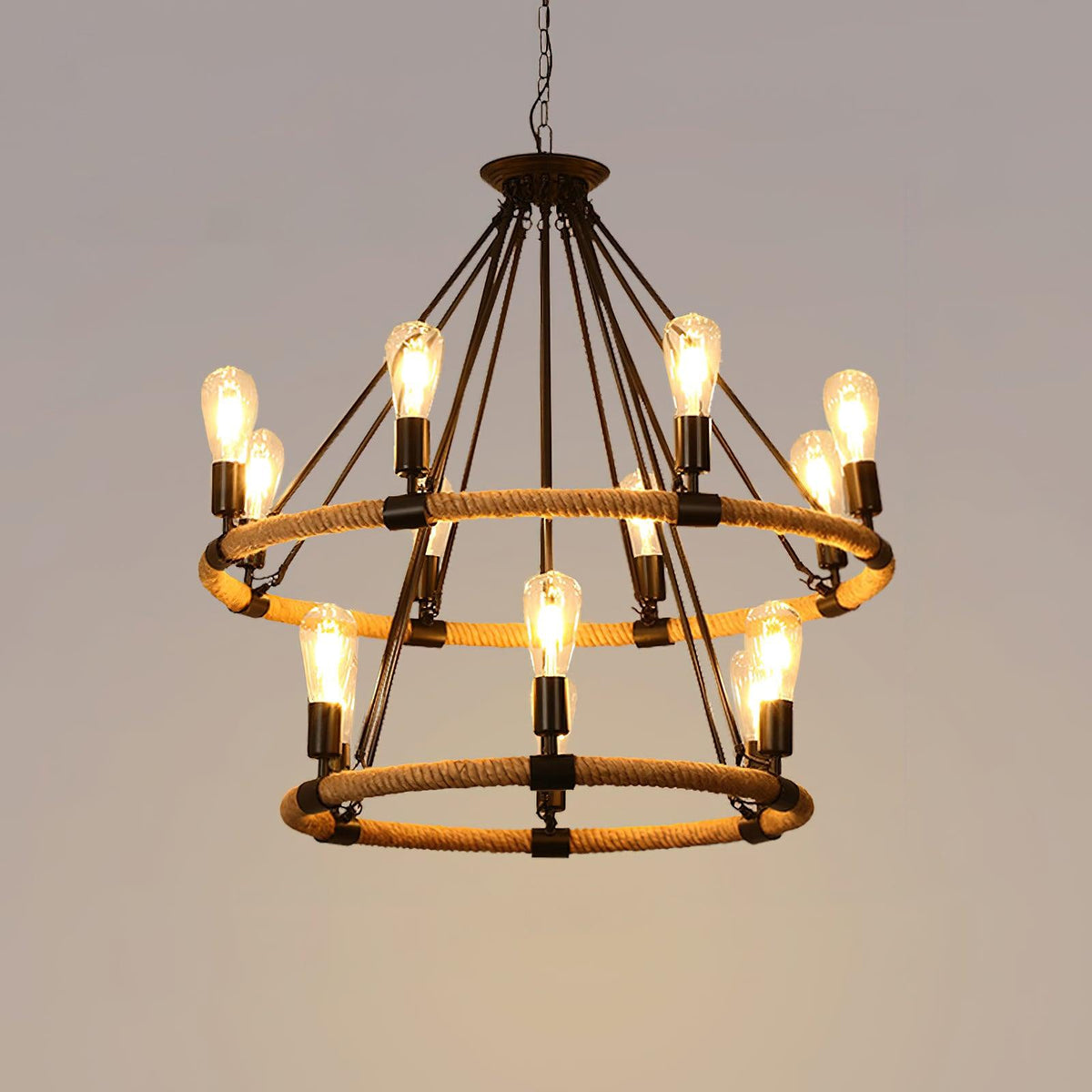 Industrial Hemp Rope Circle Chandelier with Black Iron Frame
