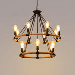 Industrial Hemp Rope Circle Chandelier with Black Iron Frame