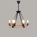 Industrial Hemp Rope Circle Chandelier with Black Iron Frame