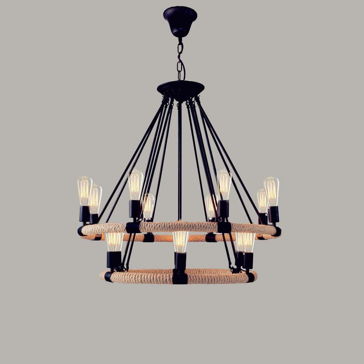 Industrial Hemp Rope Circle Chandelier with Black Iron Frame