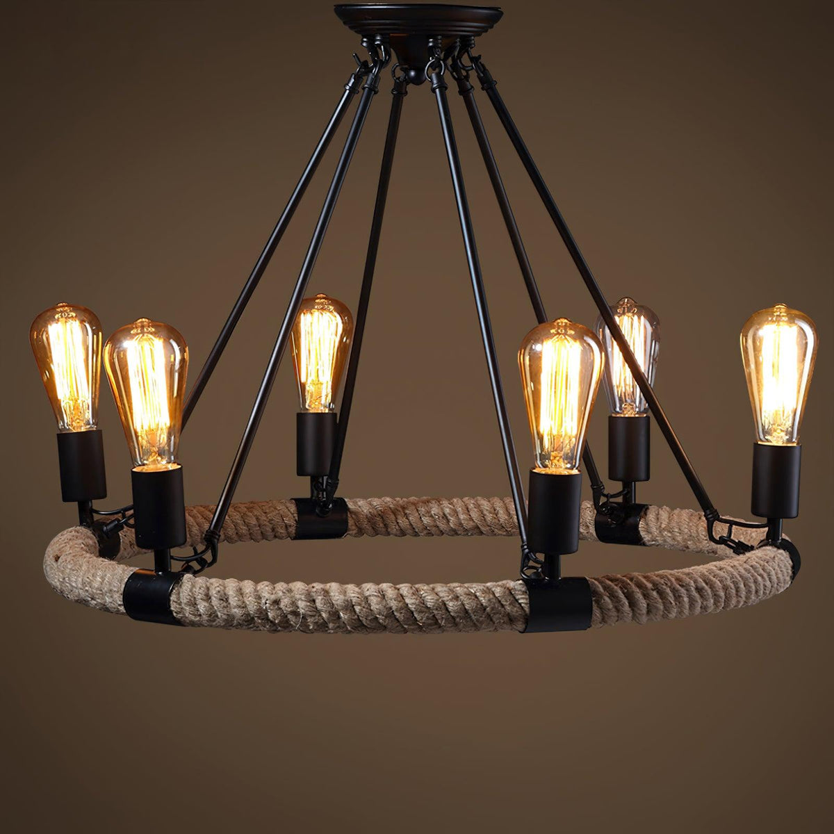 Industrial Hemp Rope Circle Chandelier with Black Iron Frame