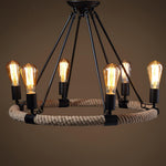 Industrial Hemp Rope Circle Chandelier with Black Iron Frame