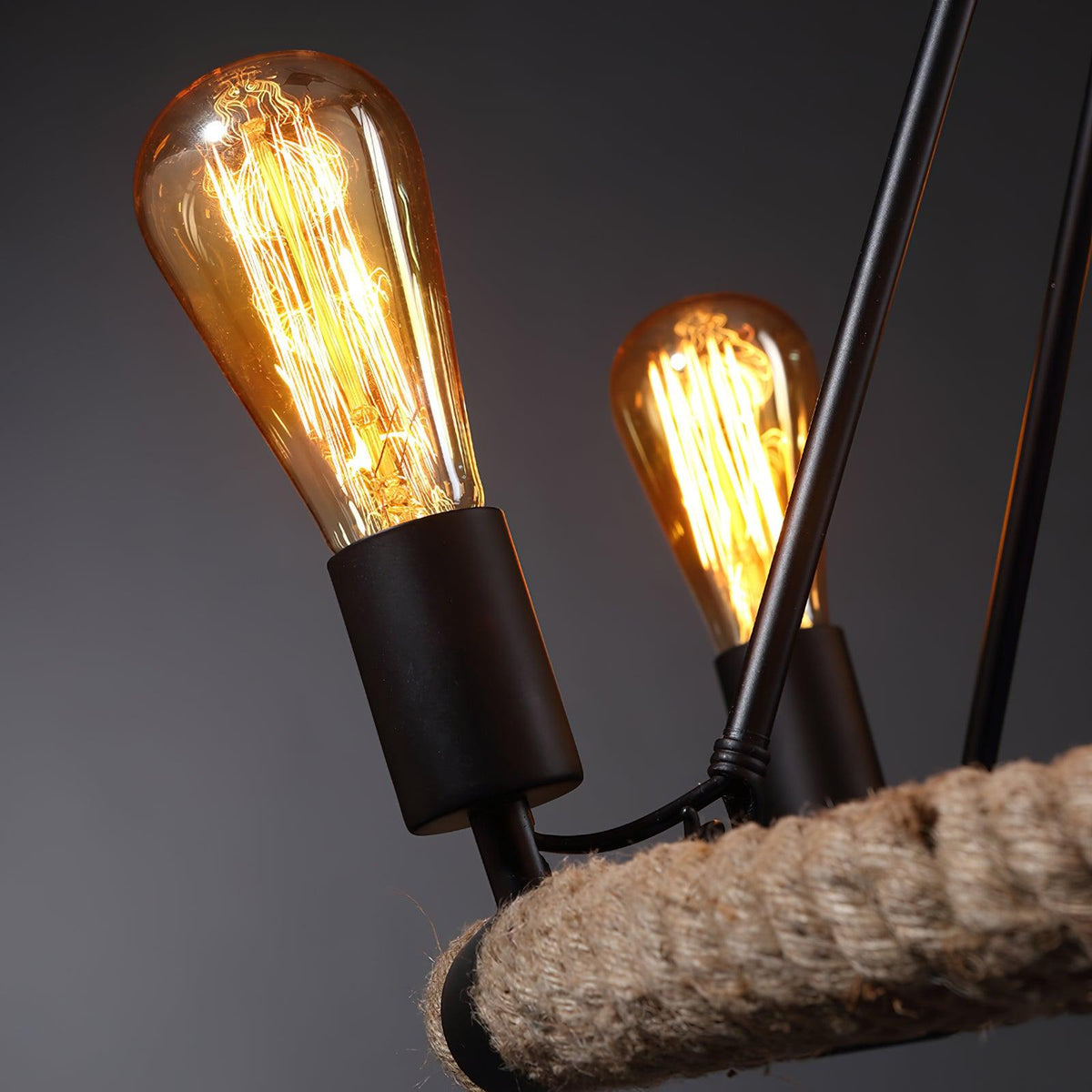 Industrial Hemp Rope Circle Chandelier with Black Iron Frame