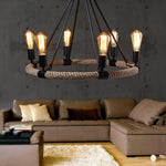 Industrial Hemp Rope Circle Chandelier with Black Iron Frame