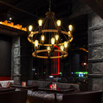 Industrial Hemp Rope Circle Chandelier with Black Iron Frame