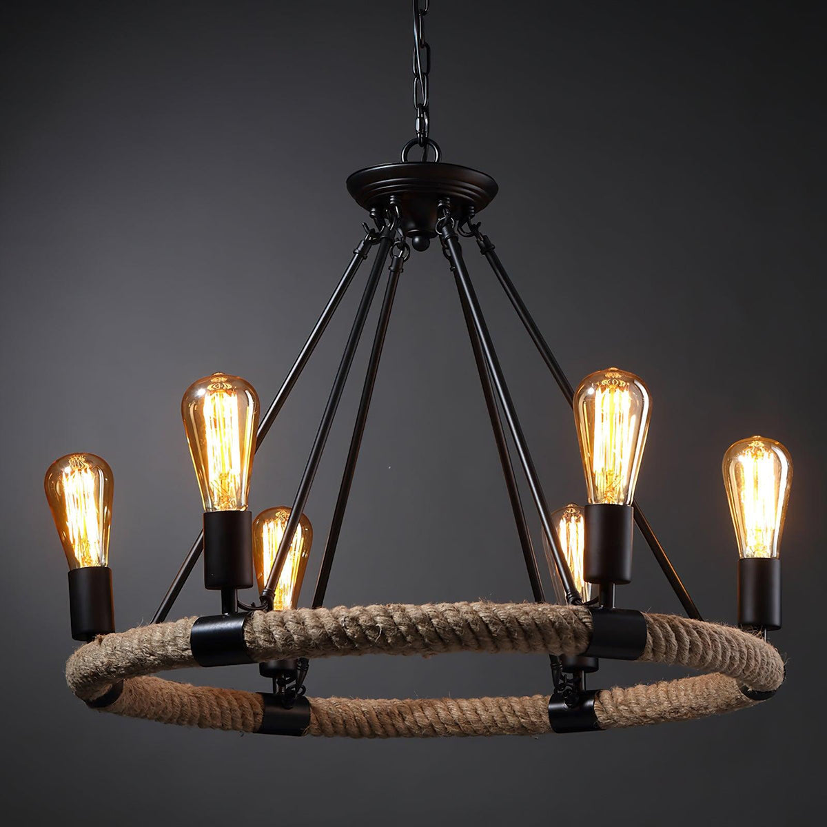 Industrial Hemp Rope Circle Chandelier with Black Iron Frame