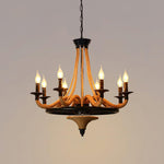 Industrial Hemp Rope Wheel Chandelier with Candle Lights for Dining Room