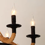 Industrial Hemp Rope Wheel Chandelier with Candle Lights for Dining Room