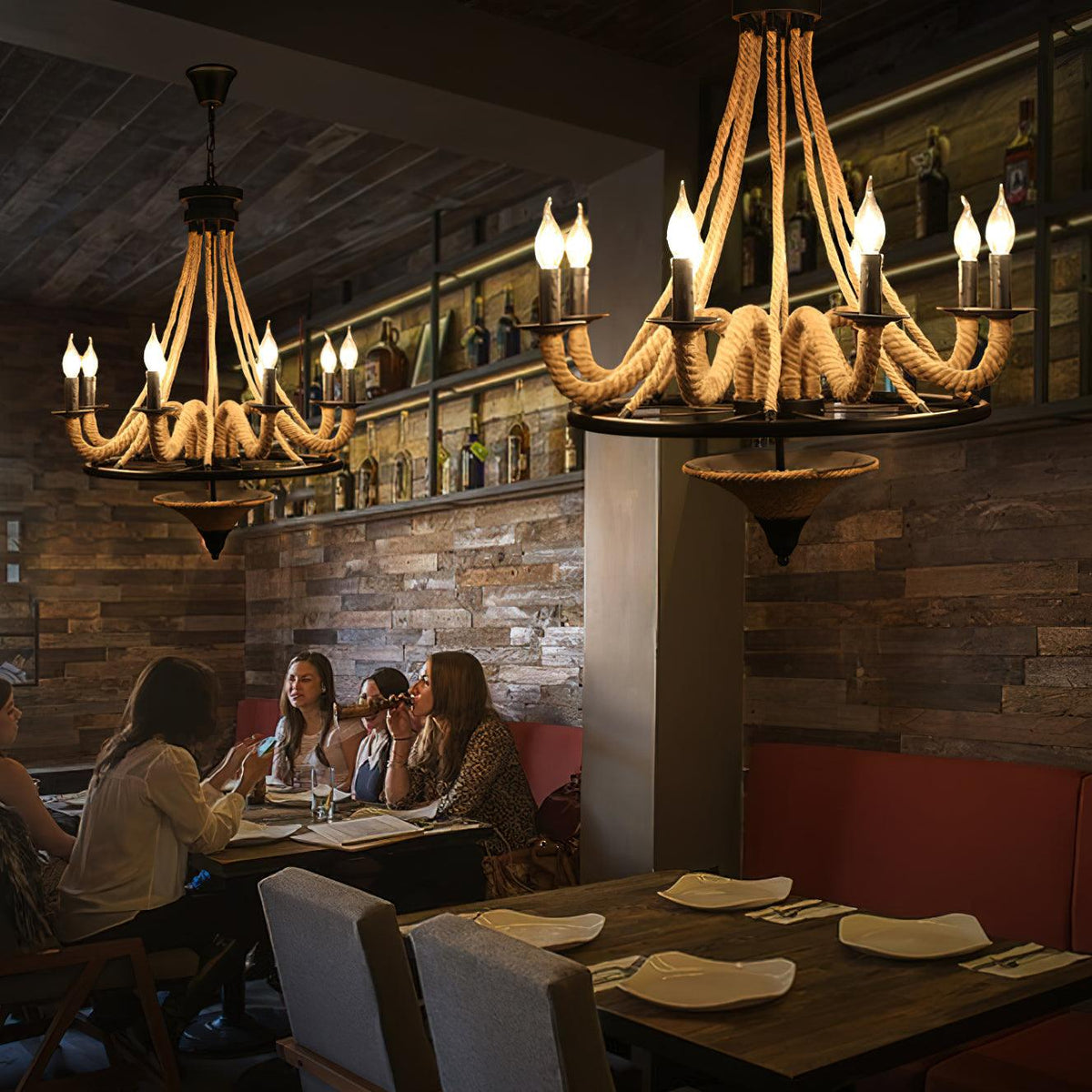 Industrial Hemp Rope Wheel Chandelier with Candle Lights for Dining Room