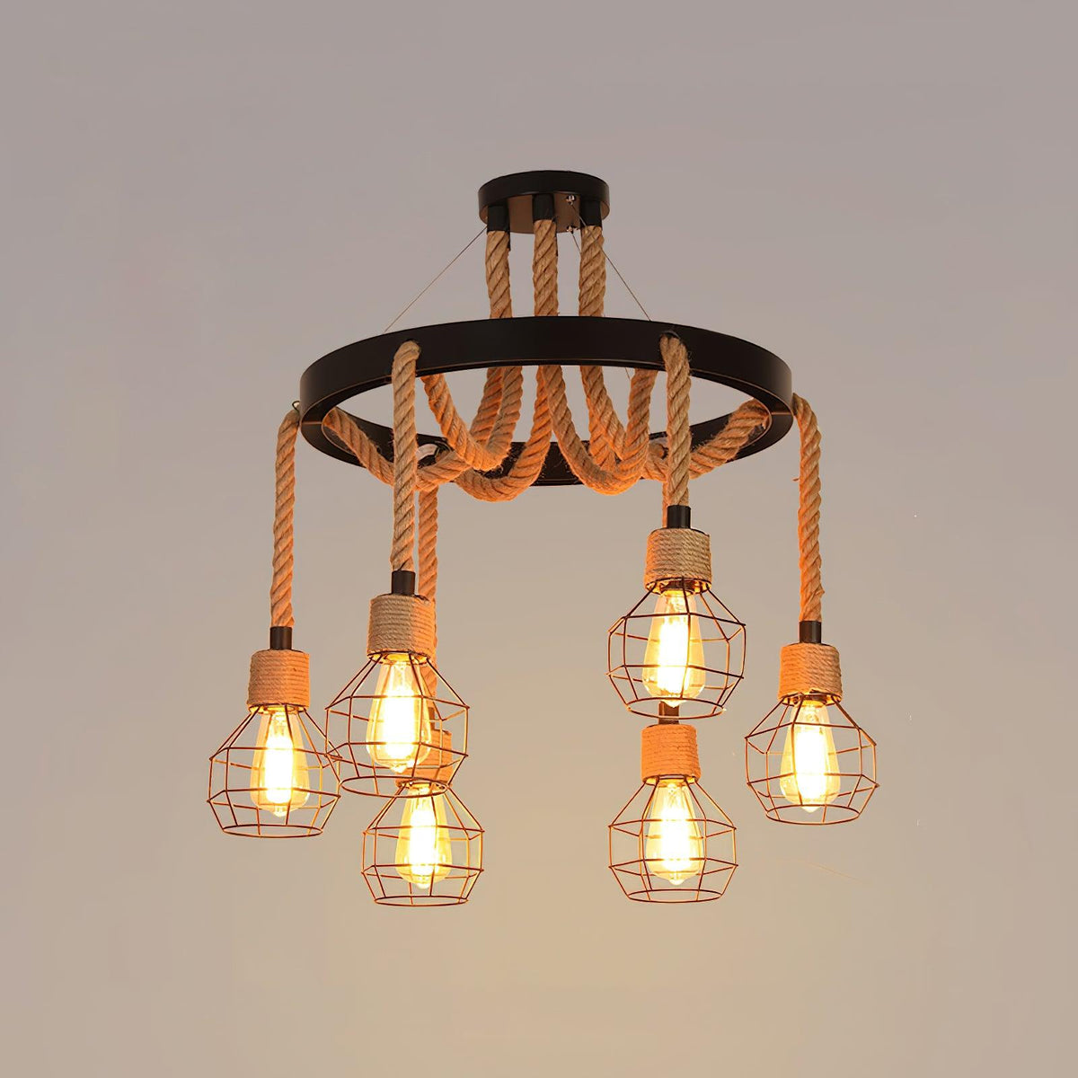 Industrial Starfall Chandelier with Hemp Rope Accents
