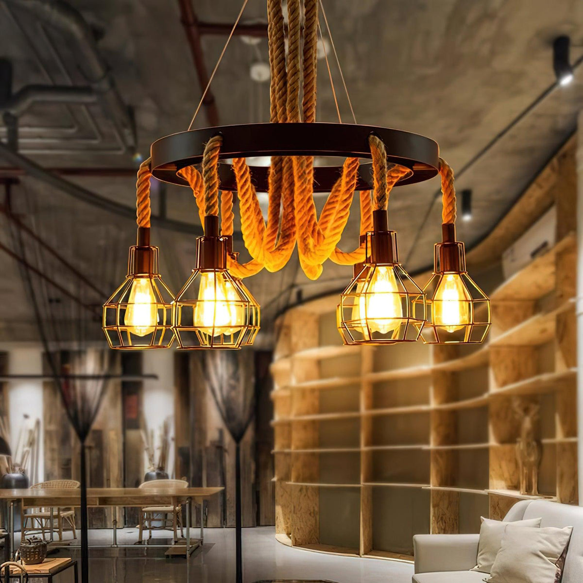 Industrial Starfall Chandelier with Hemp Rope Accents