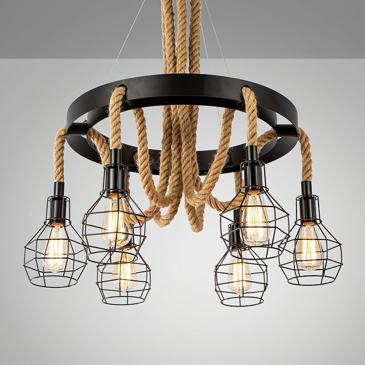 Industrial Starfall Chandelier with Hemp Rope Accents