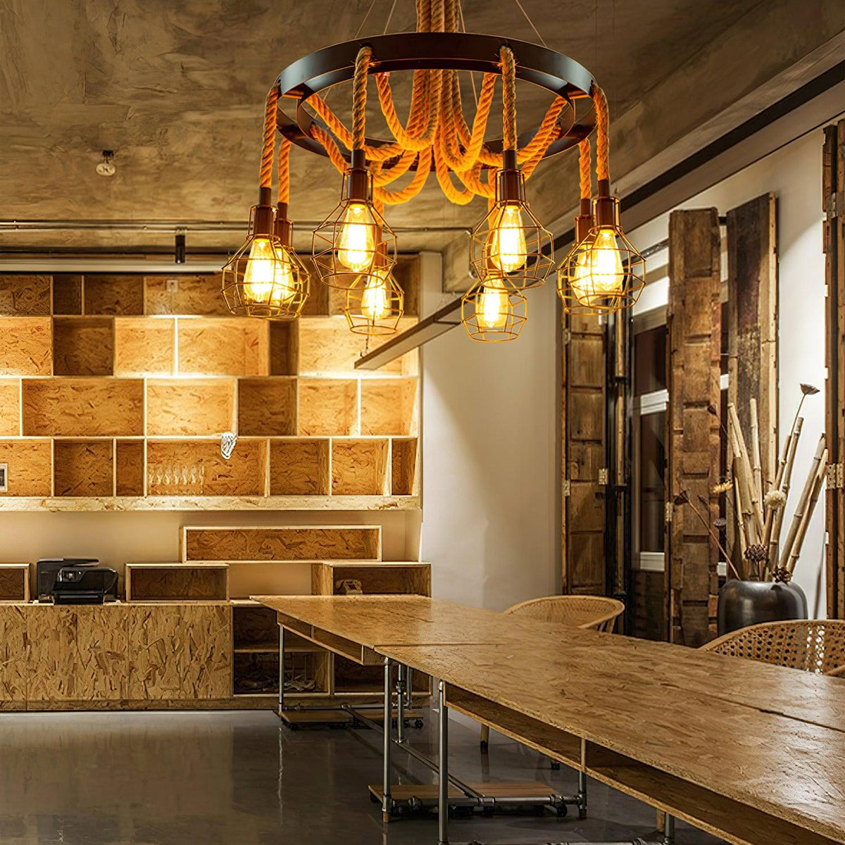 Industrial Starfall Chandelier with Hemp Rope Accents