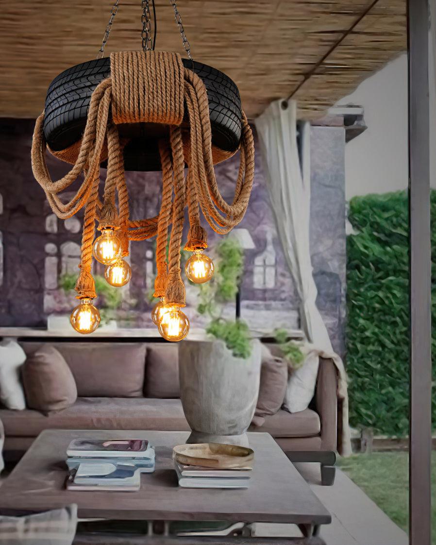 Industrial Hemp Rope Tire Chandelier with Edison Bulbs