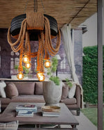 Industrial Hemp Rope Tire Chandelier with Edison Bulbs