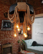 Industrial Hemp Rope Tire Chandelier with Edison Bulbs