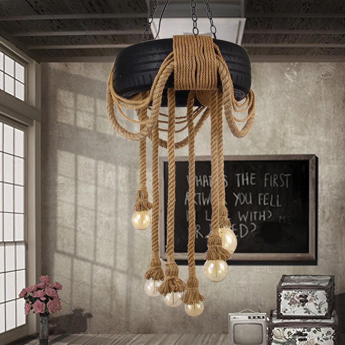 Industrial Hemp Rope Tire Chandelier with Edison Bulbs