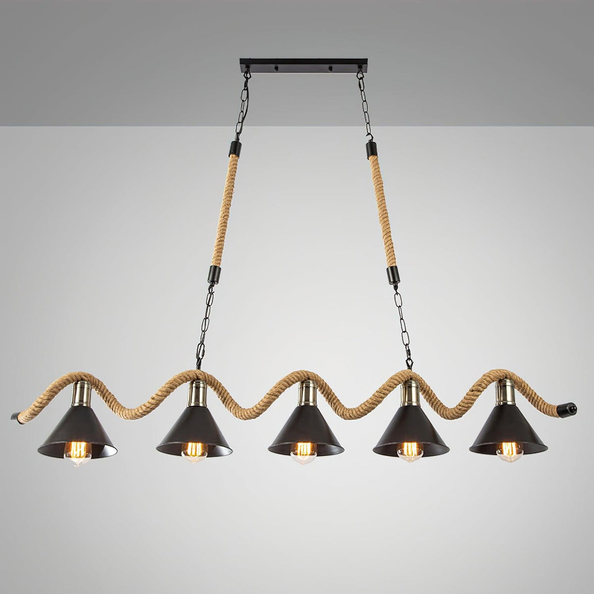 Industrial Wave Chandelier with Natural Hemp Rope – Modern Farmhouse Pendant Light