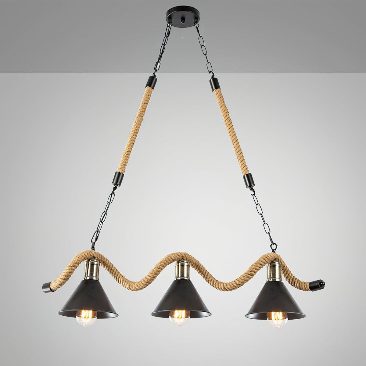 Industrial Wave Chandelier with Natural Hemp Rope – Modern Farmhouse Pendant Light
