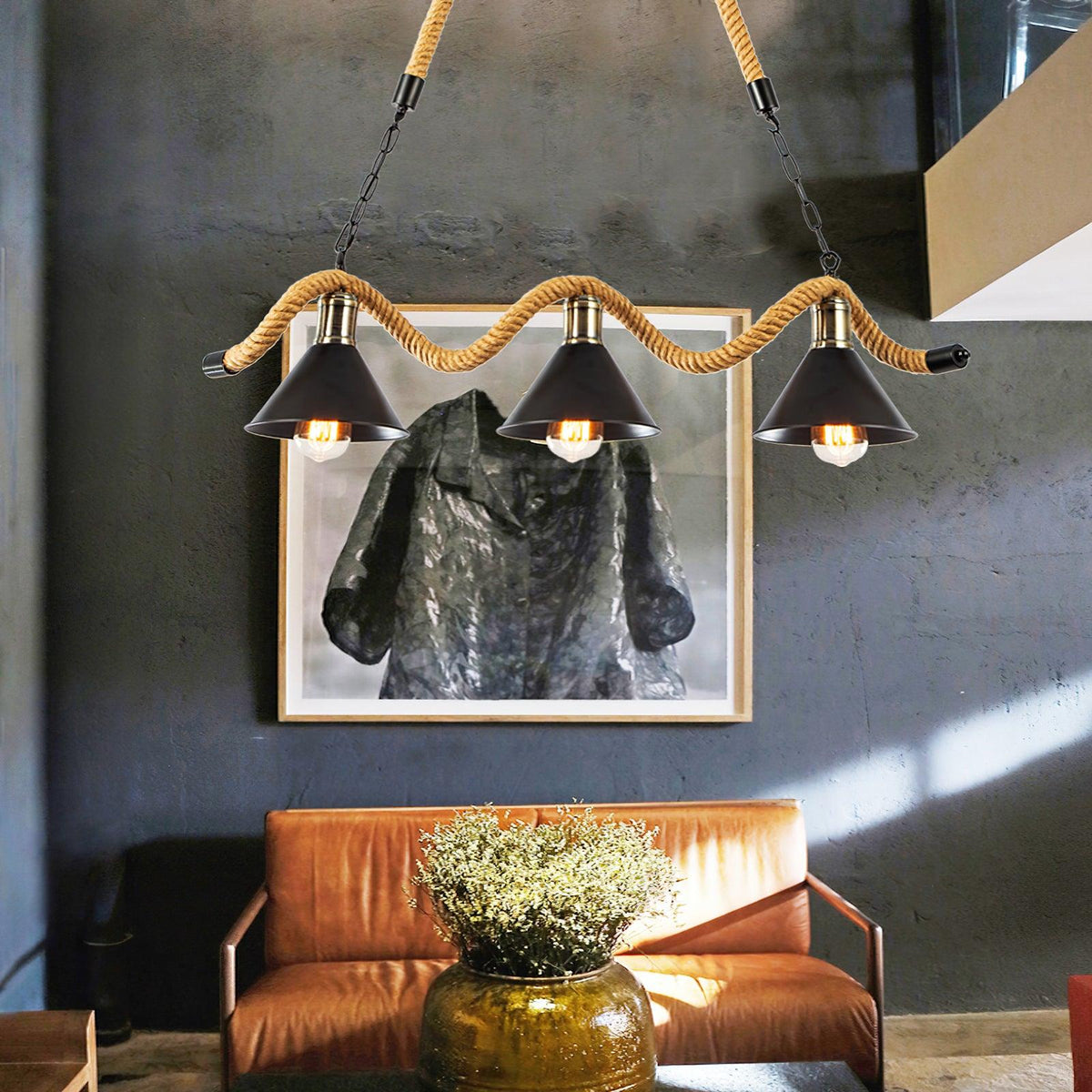 Industrial Wave Chandelier with Natural Hemp Rope – Modern Farmhouse Pendant Light