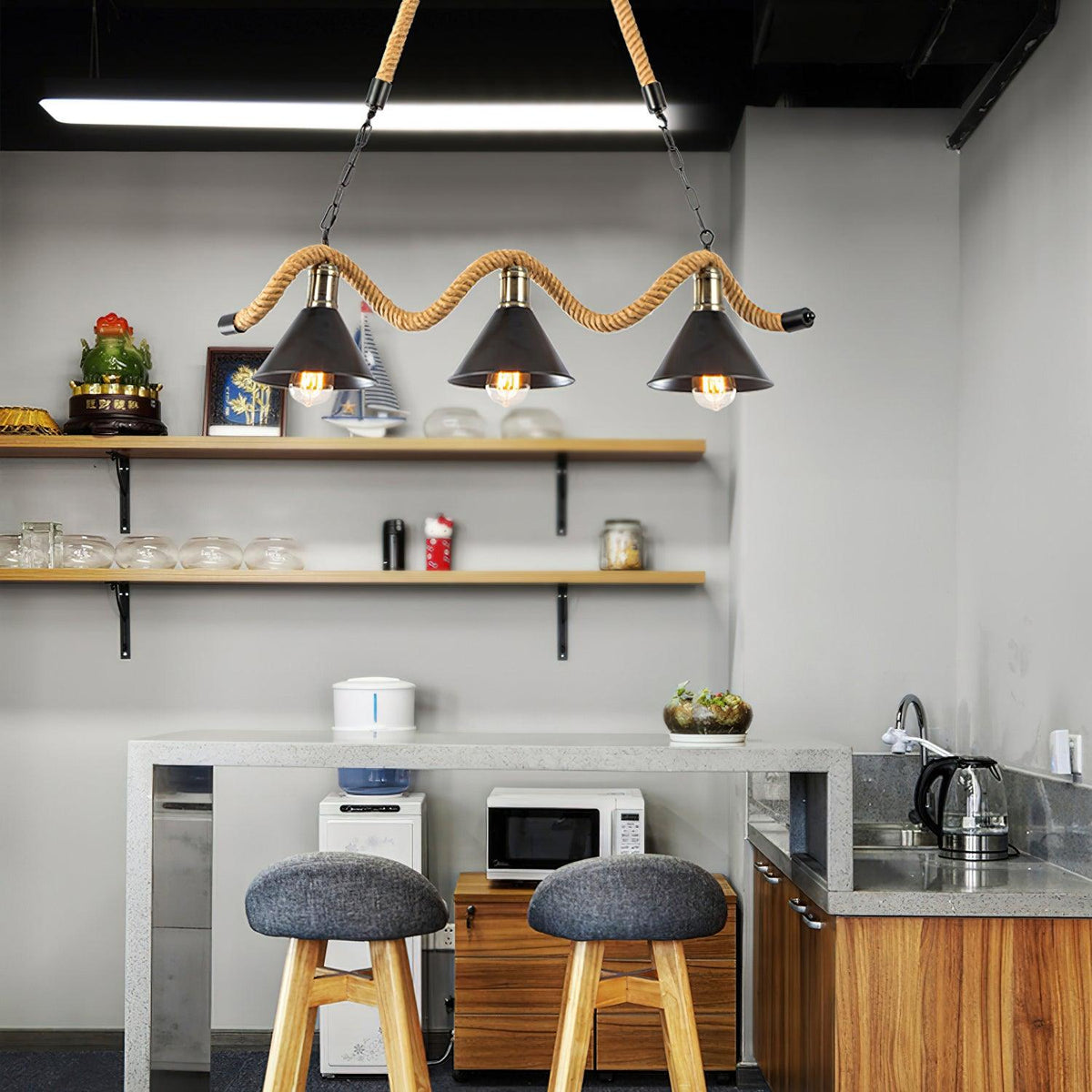 Industrial Wave Chandelier with Natural Hemp Rope – Modern Farmhouse Pendant Light