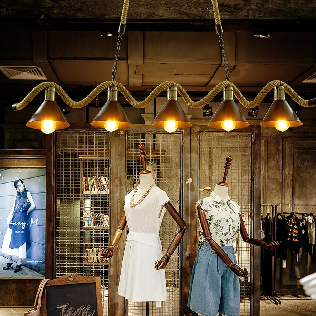 Industrial Wave Chandelier with Natural Hemp Rope – Modern Farmhouse Pendant Light