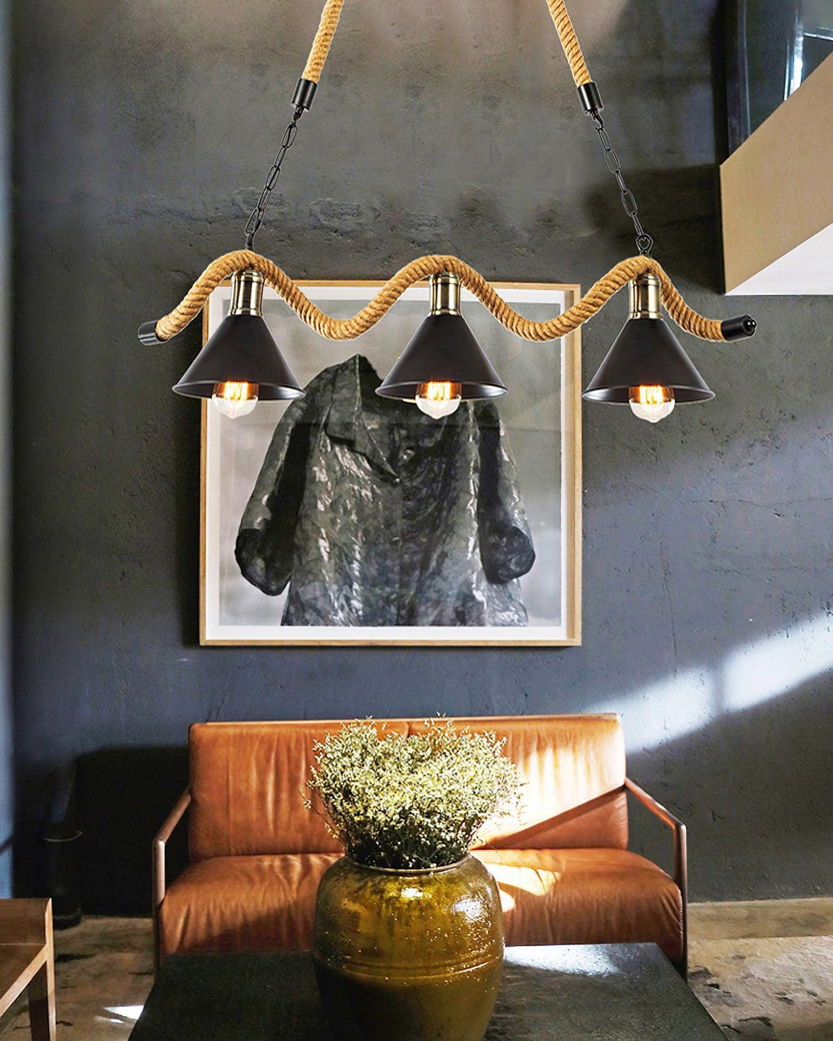 Industrial Wave Chandelier with Natural Hemp Rope – Modern Farmhouse Pendant Light