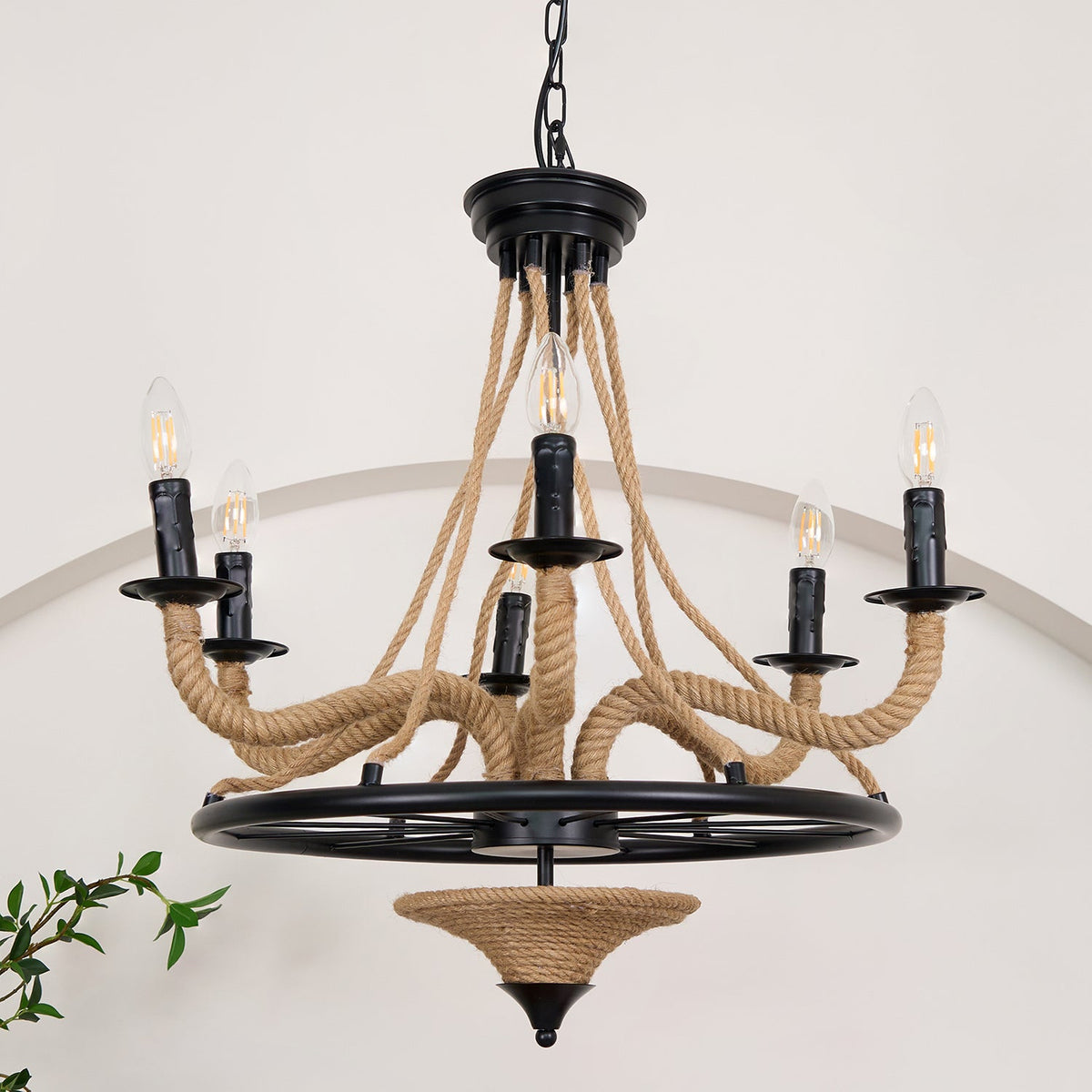 Industrial Hemp Rope Wheel Chandelier with Candle Lights for Dining Room