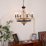 Industrial Hemp Rope Wheel Chandelier with Candle Lights for Dining Room