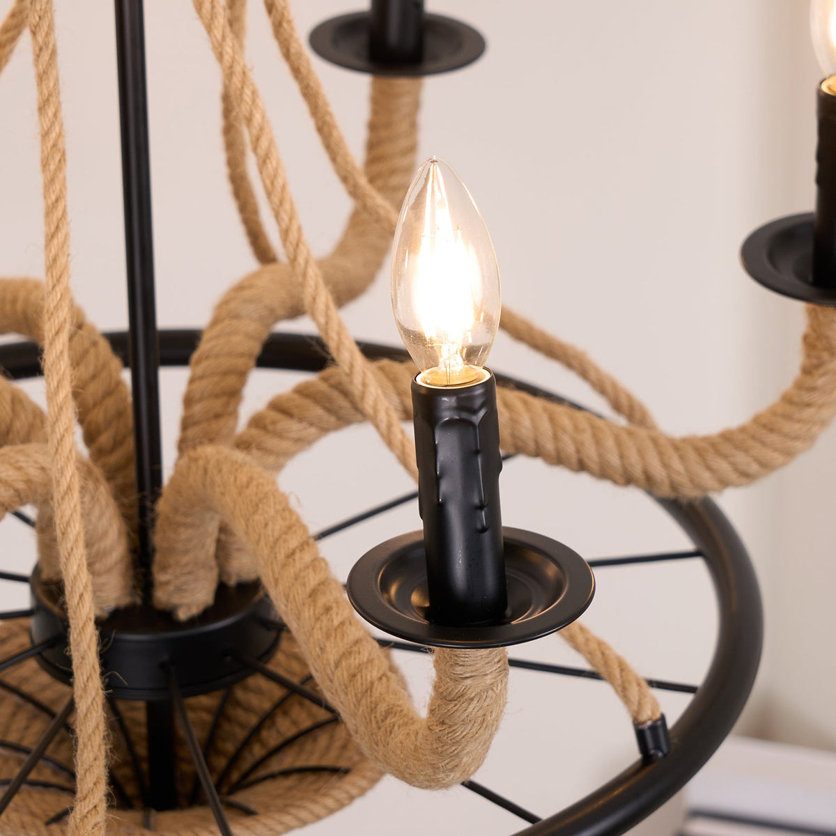Industrial Hemp Rope Wheel Chandelier with Candle Lights for Dining Room