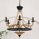 Industrial Hemp Rope Wheel Chandelier with Candle Lights for Dining Room