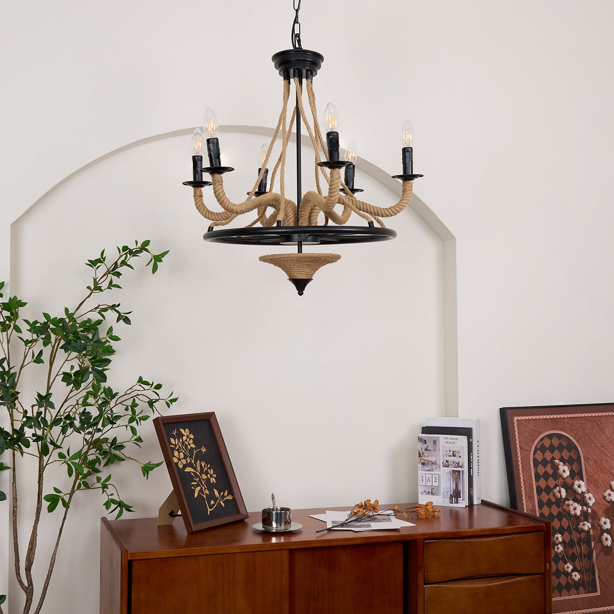 Industrial Hemp Rope Wheel Chandelier with Candle Lights for Dining Room