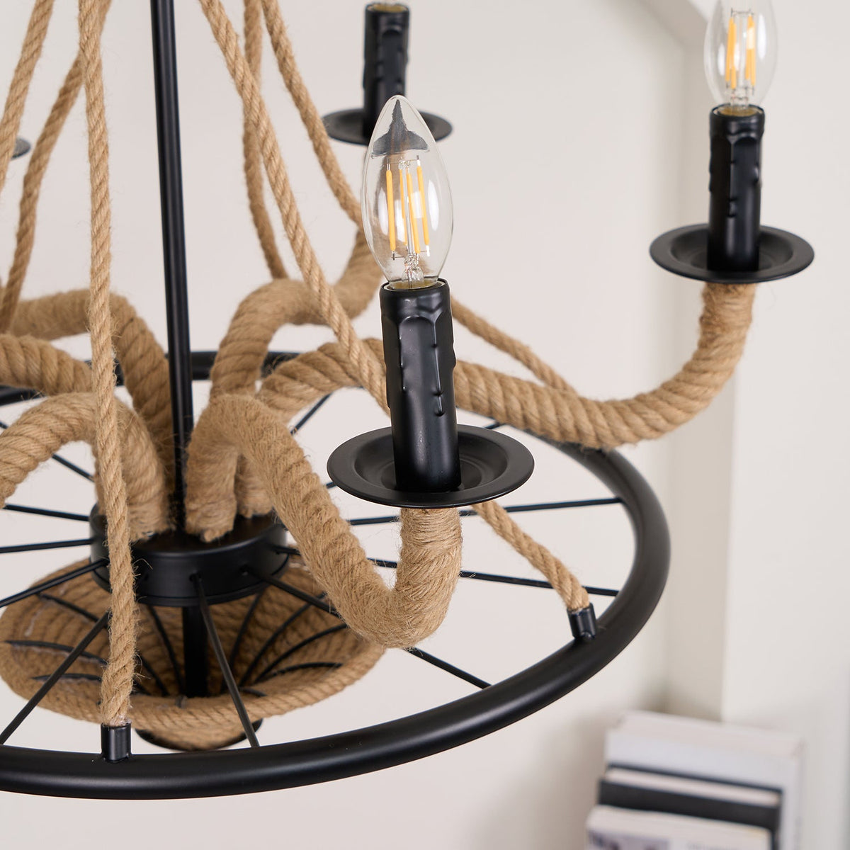 Industrial Hemp Rope Wheel Chandelier with Candle Lights for Dining Room