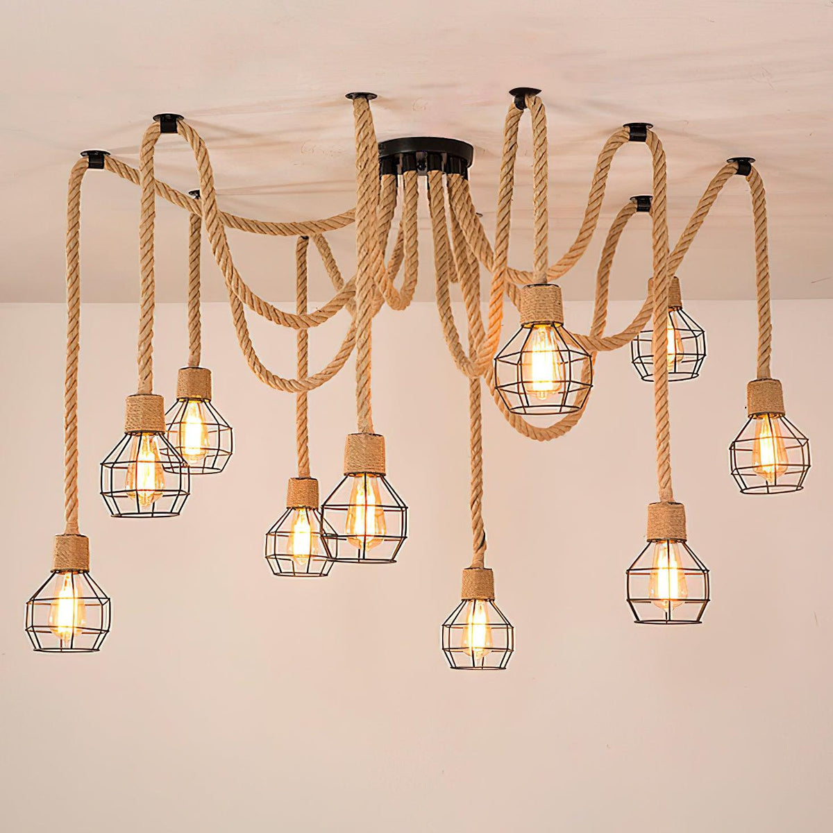 Artisan Hemp Rope Scattered Flower Chandelier for Rustic Interiors