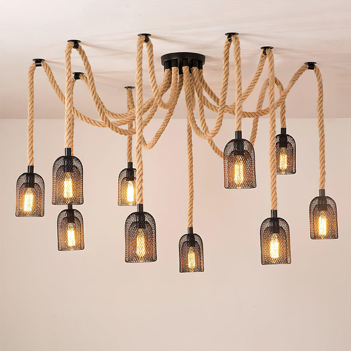 Artisan Hemp Rope Scattered Flower Chandelier for Rustic Interiors