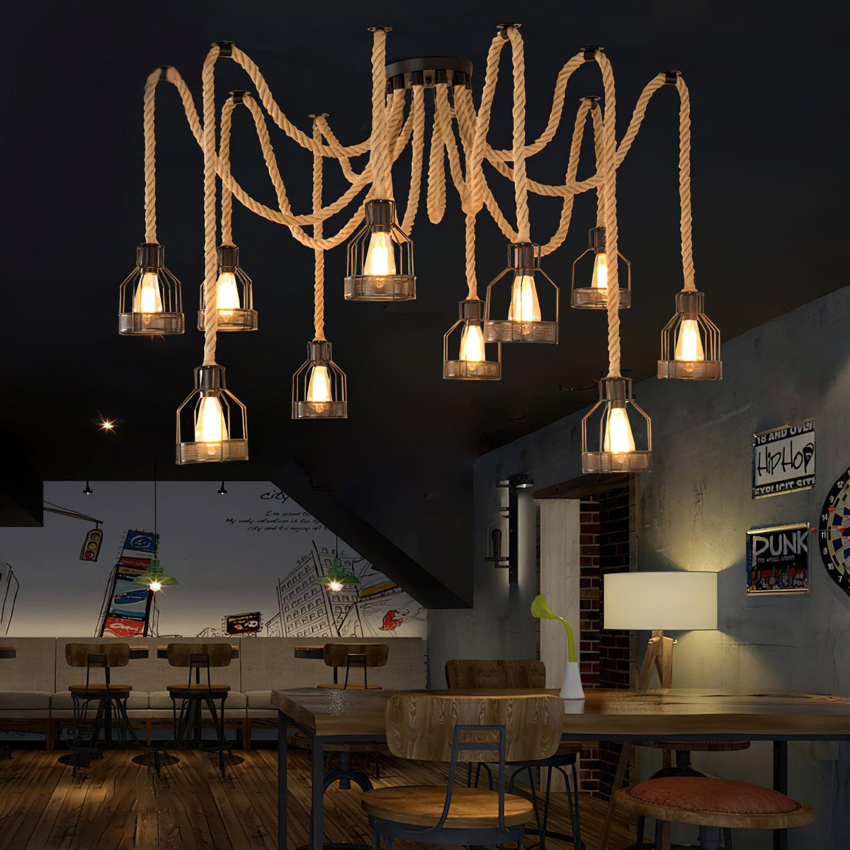 Artisan Hemp Rope Scattered Flower Chandelier for Rustic Interiors