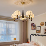 Heritage Bloom Chandelier — Walnut & Brass Pendant Light with Etched Floral Shades