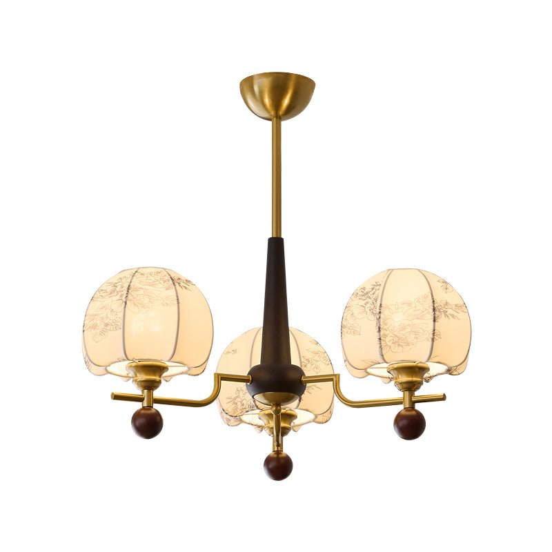 Heritage Bloom Chandelier — Walnut & Brass Pendant Light with Etched Floral Shades