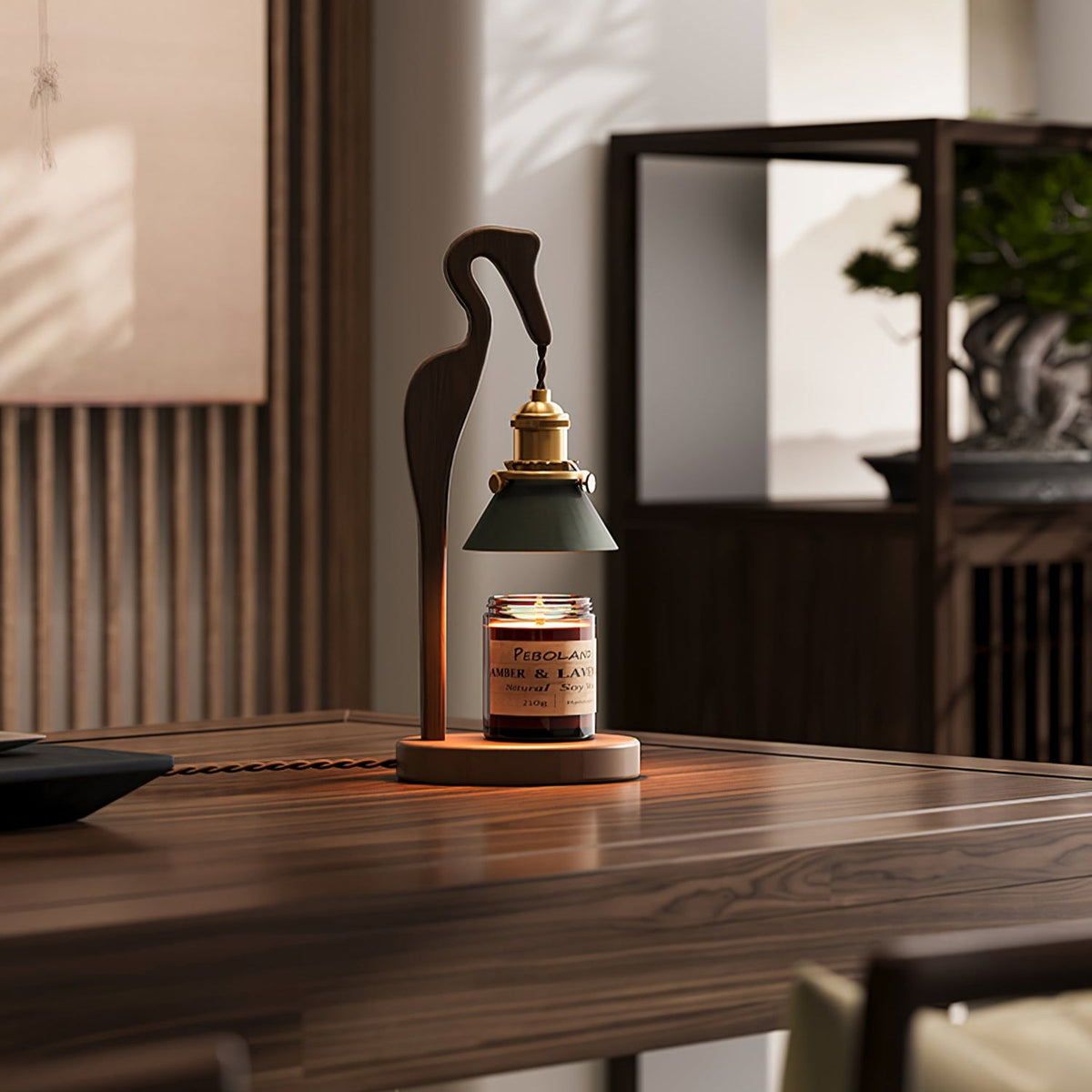 Walnut Heron Sculptural Table Lamp with Candle Warmer – Brass & Forest Green