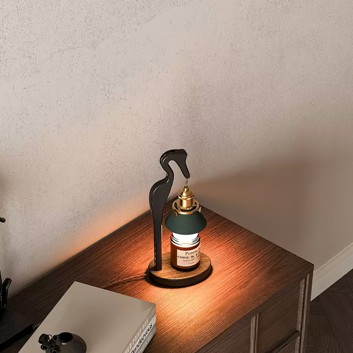 Walnut Heron Sculptural Table Lamp with Candle Warmer – Brass & Forest Green