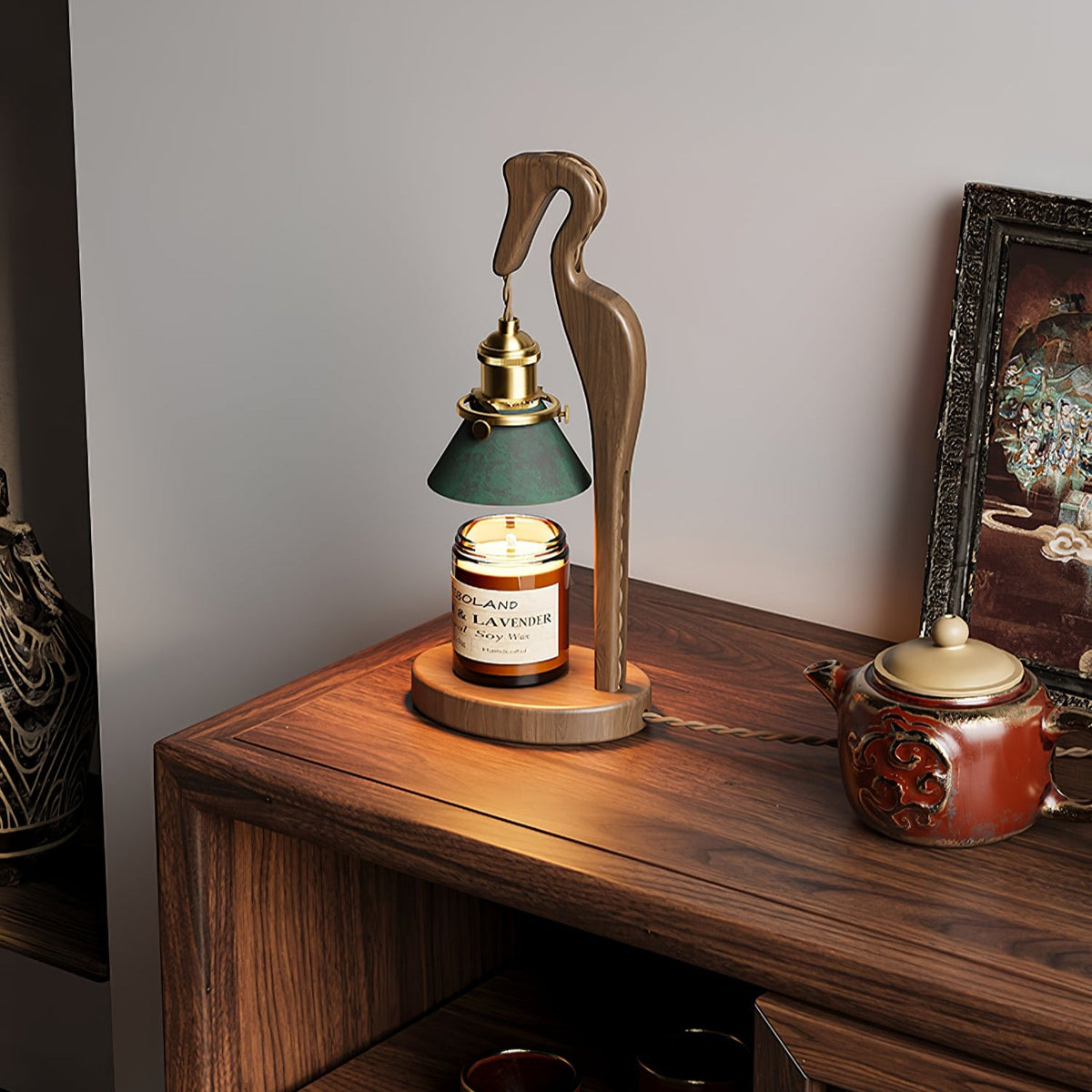 Walnut Heron Sculptural Table Lamp with Candle Warmer – Brass & Forest Green