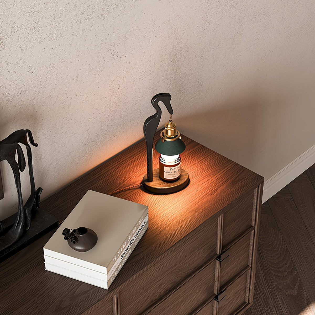 Walnut Heron Sculptural Table Lamp with Candle Warmer – Brass & Forest Green